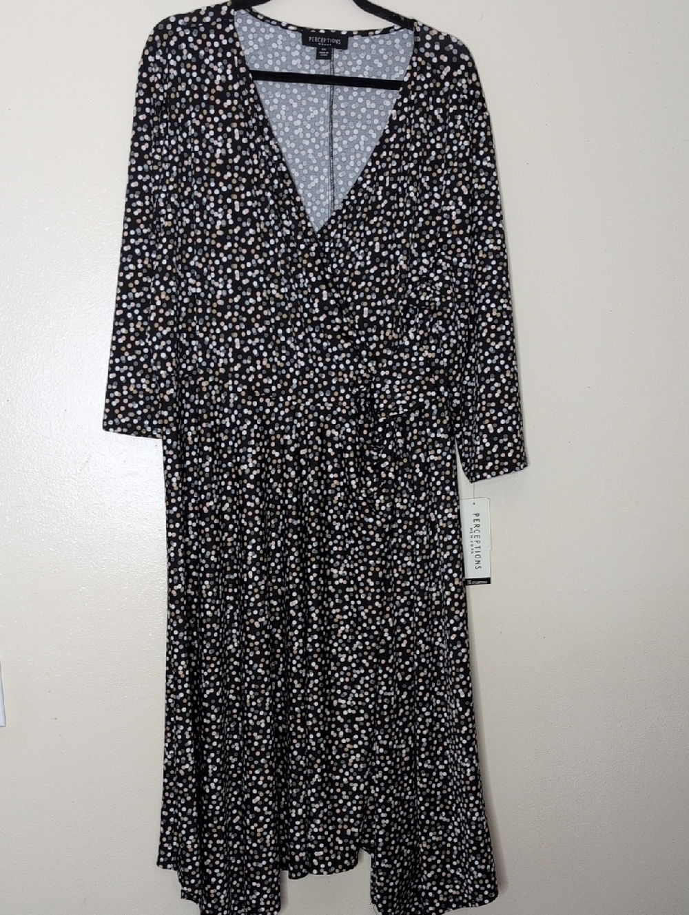 Perceptions Woman Black Polka Dot Side Knot faux  Midi Dress Tan/Blush S2X New
